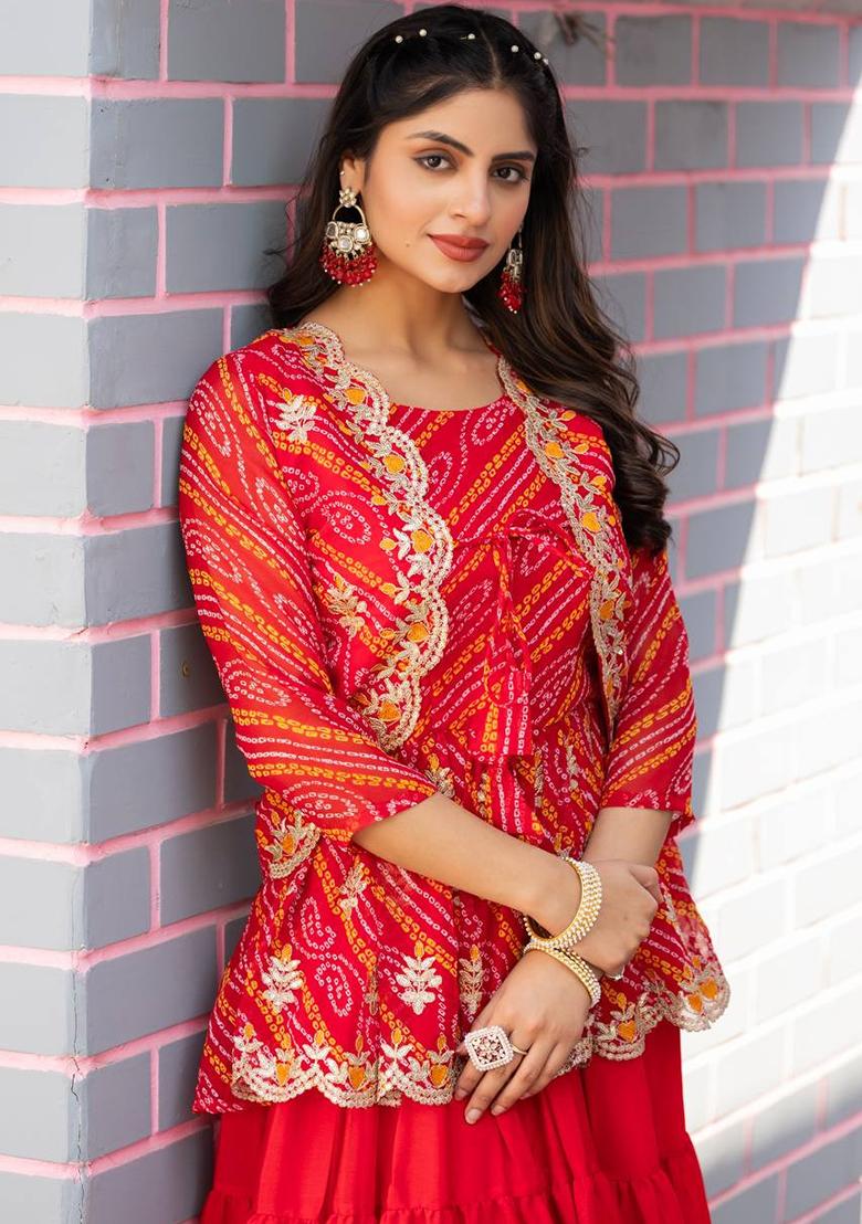 Red Embroidery Chinon Indo Western Co Ord Set - Indya