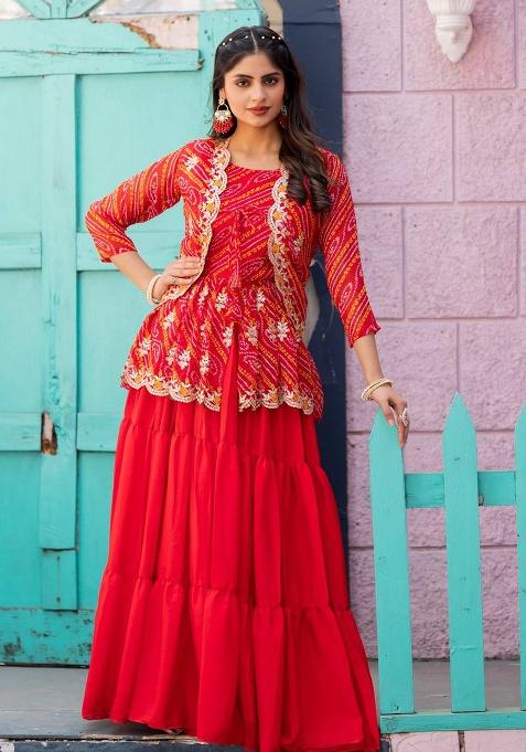 Red Embroidery Chinon Indo Western Co Ord Set