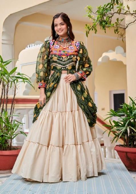 Green Embroidery Cotton Indo Western Co Ord Set