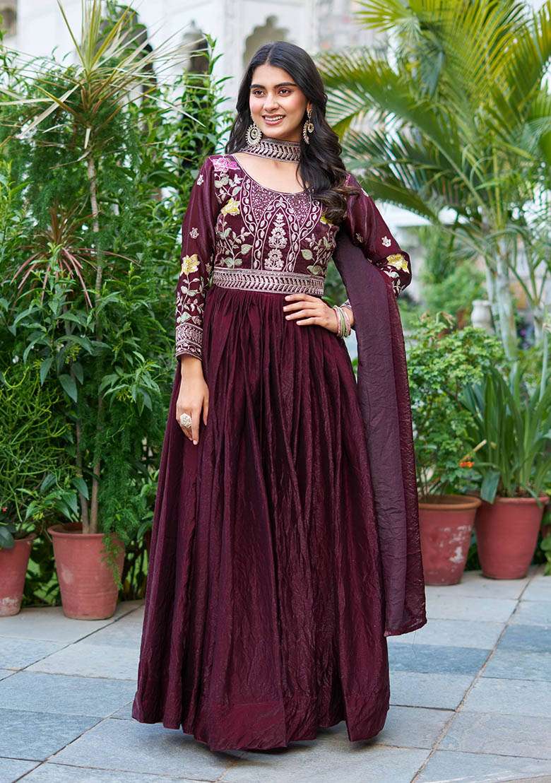 Teal Embroidered Silk Blend Anarkali Set - Indya