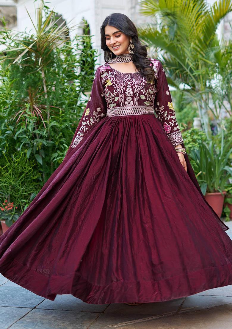 Teal Embroidery Silk Indo Western Dress With Dupatta - Indya