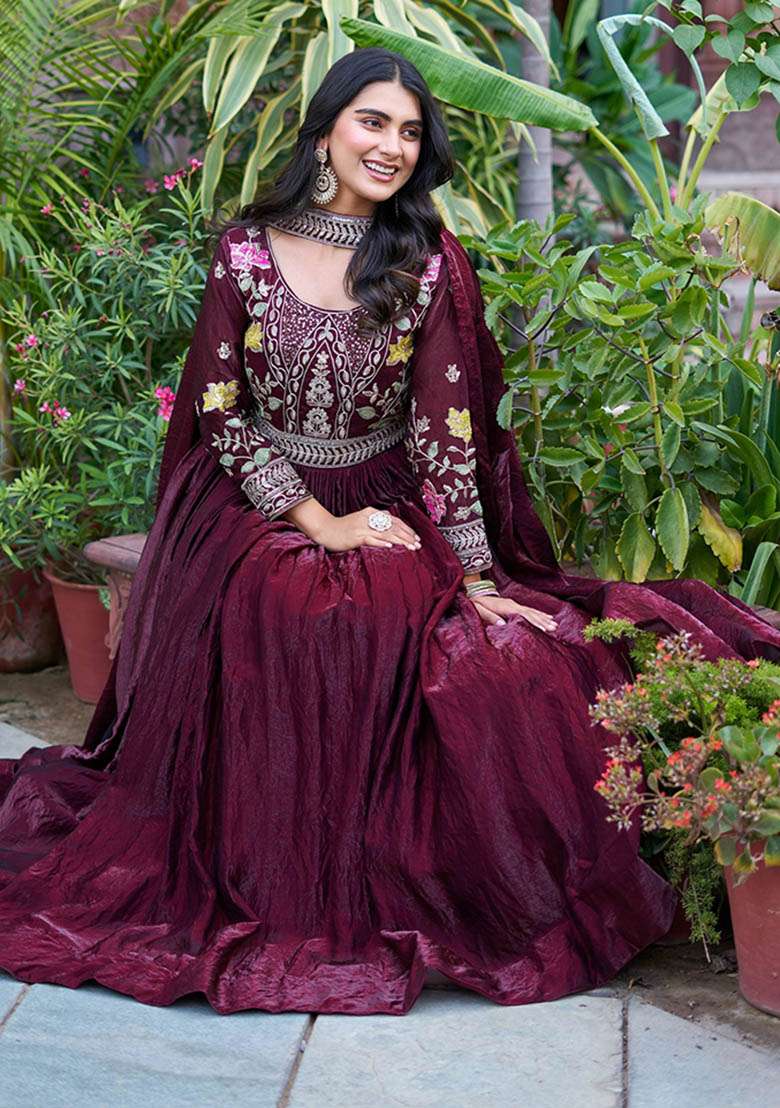 Teal Embroidered Silk Blend Anarkali Set - Indya