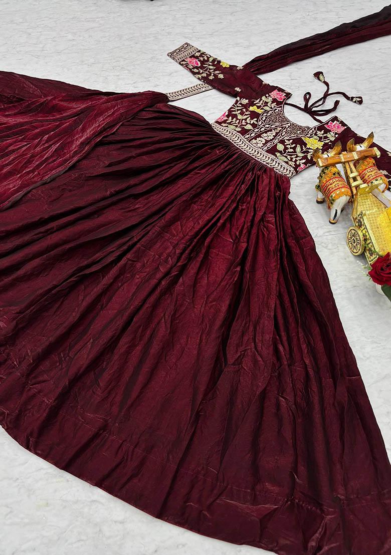 Teal Embroidery Silk Indo Western Dress With Dupatta - Indya