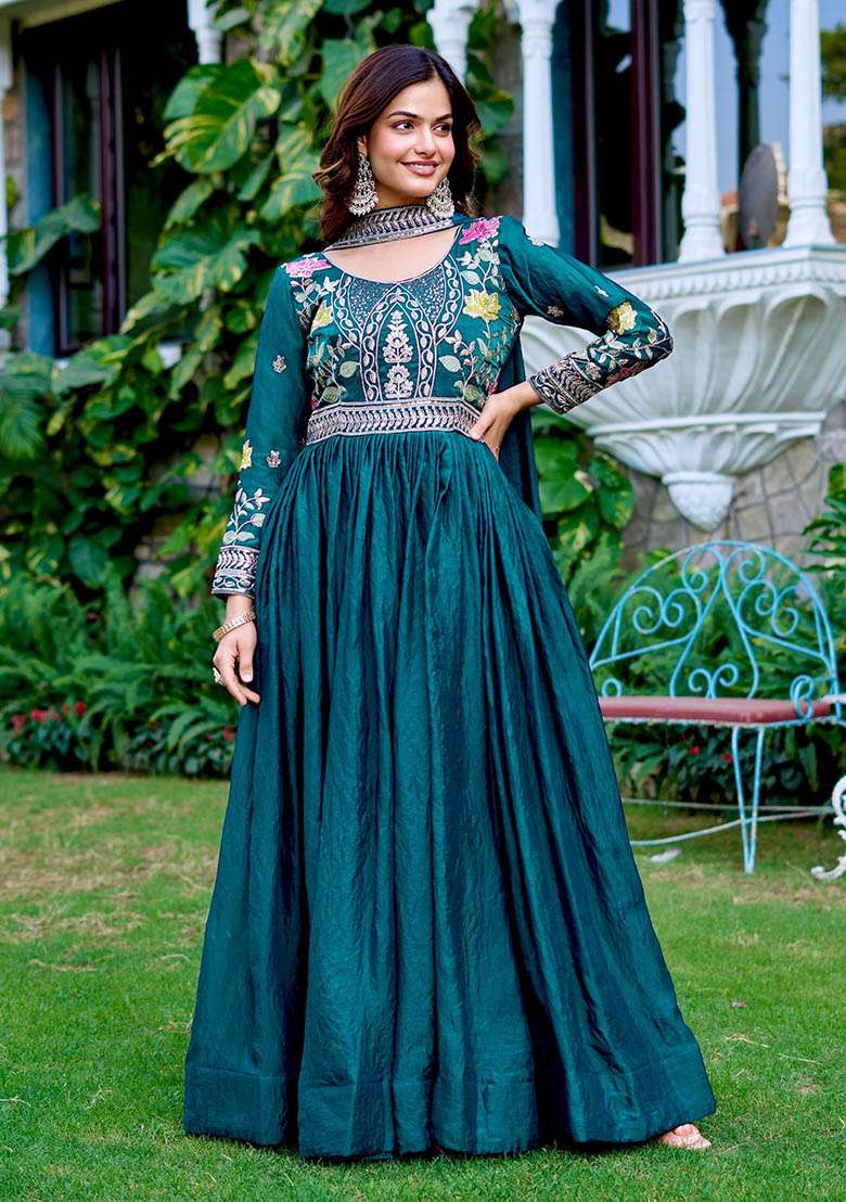 Maroon Embroidered Silk Blend Anarkali Set - Indya