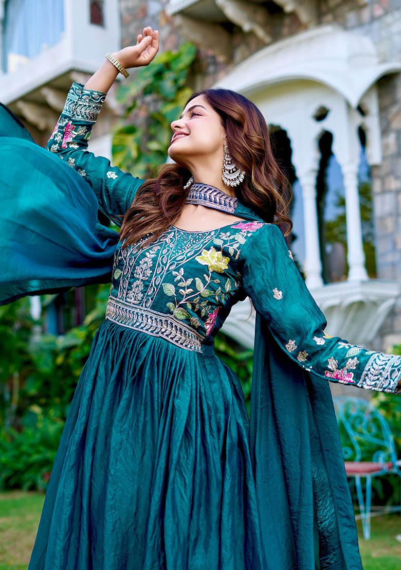 Maroon Embroidery Silk Indo Western Dress With Dupatta - Indya