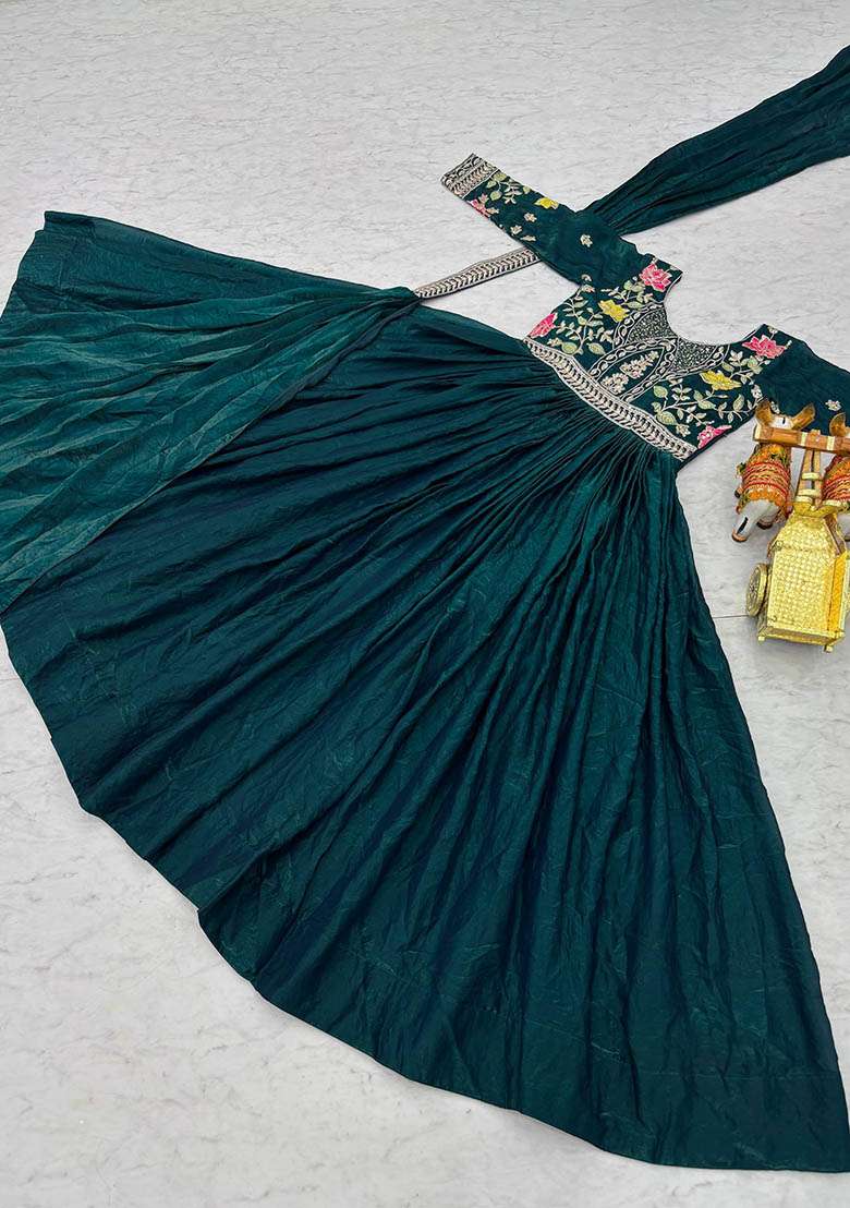 Maroon Embroidered Silk Blend Anarkali Set - Indya
