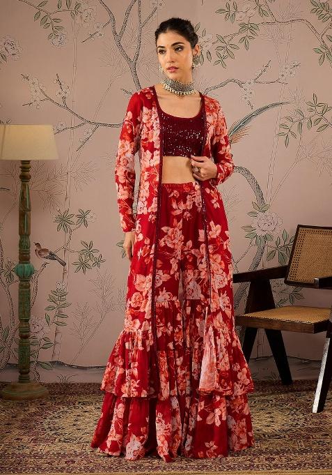 Maroon Printed Velvet Co-Ords Set