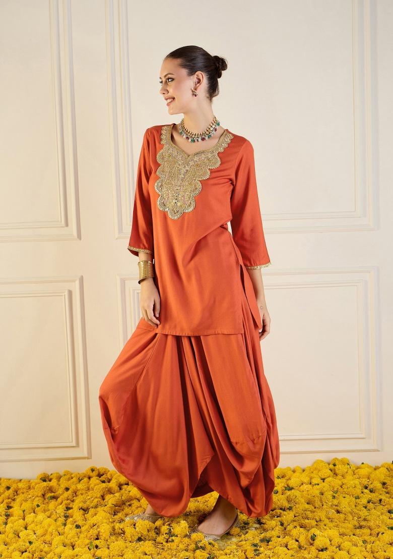 Orange Soild Rib Co-Ords Set - Indya