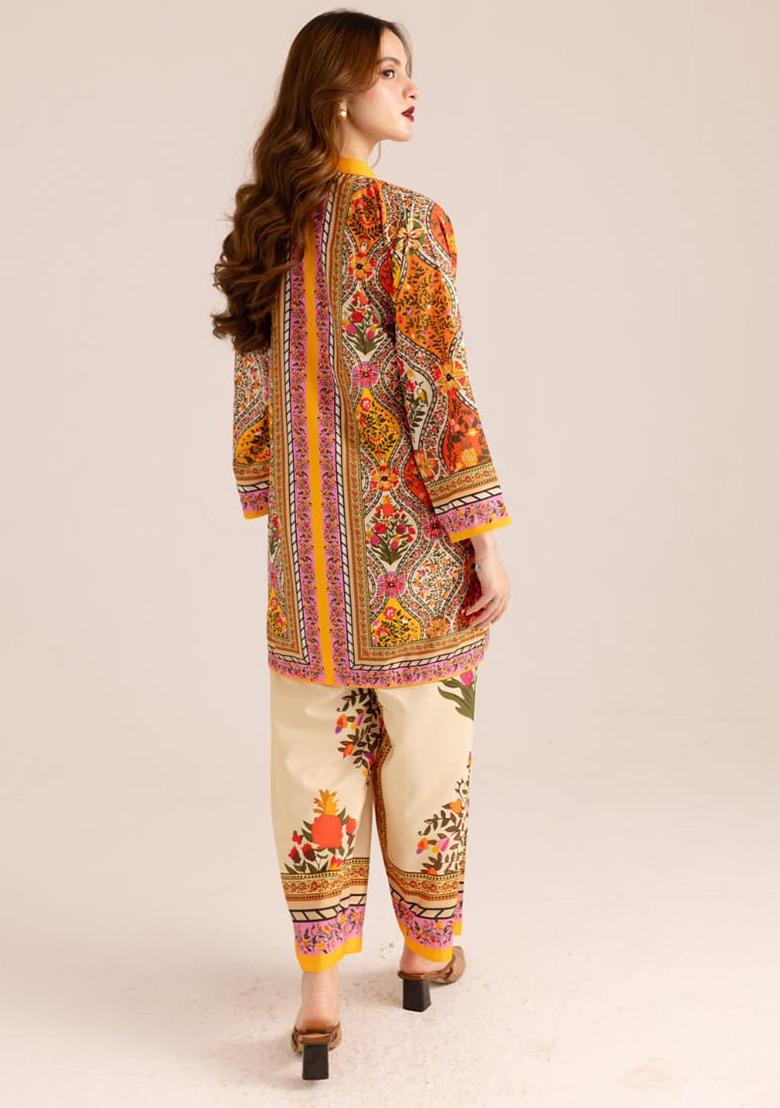 Orange Printed Cotton Co Ord Set - Indya