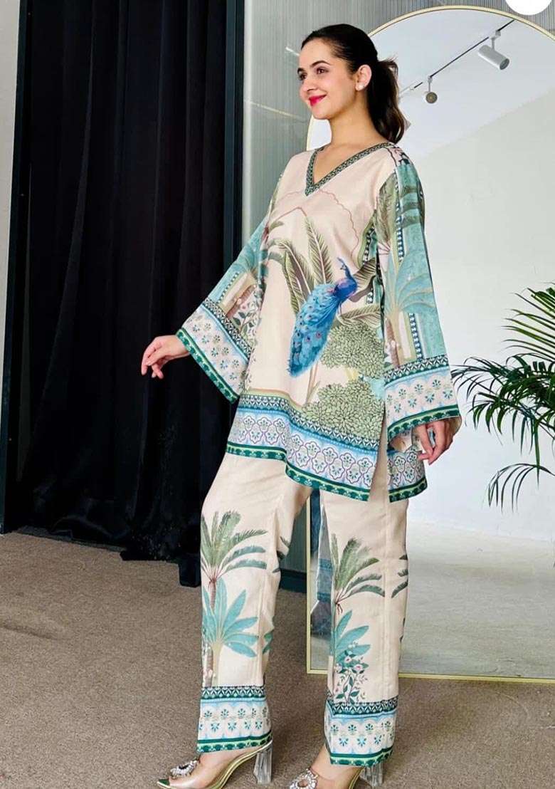 Cream Printed Cotton Co Ord Set - Indya