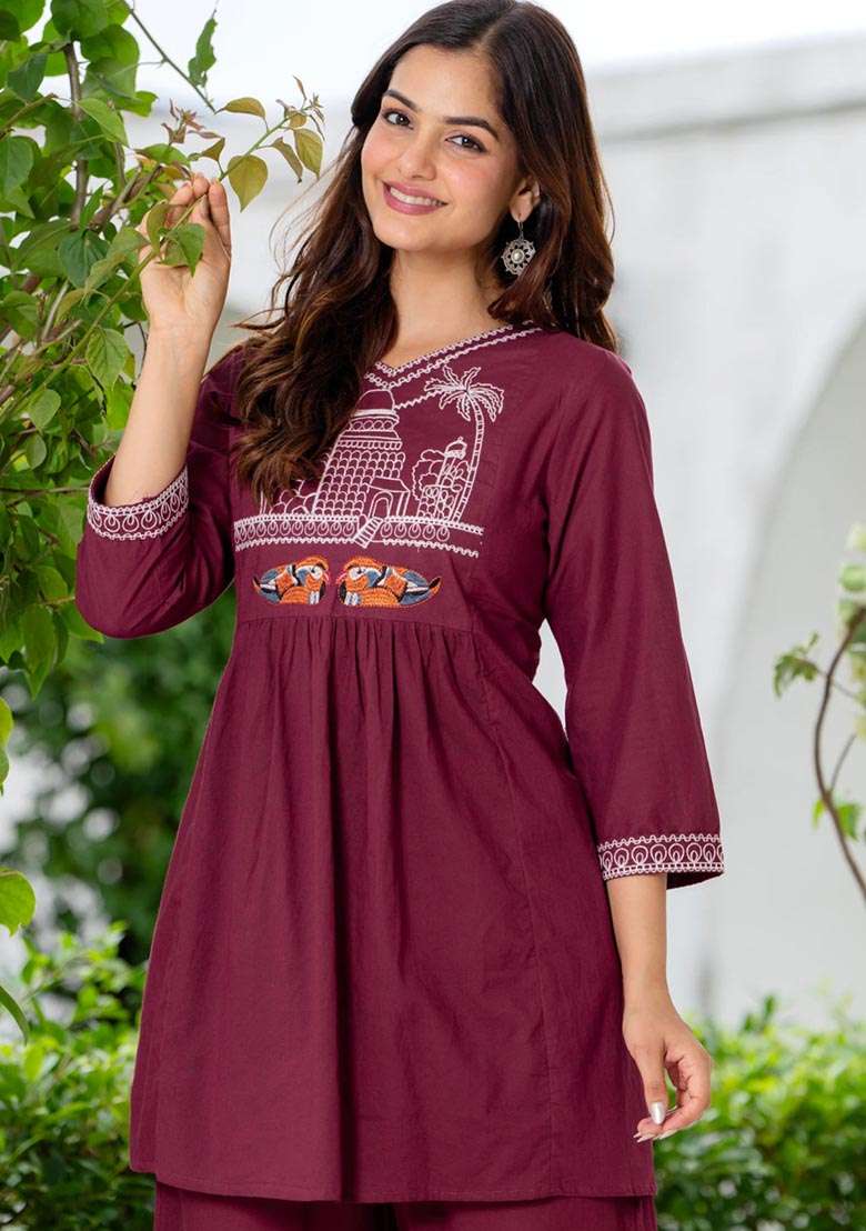 Maroon Embroidered Cotton Co Ord Set - Indya