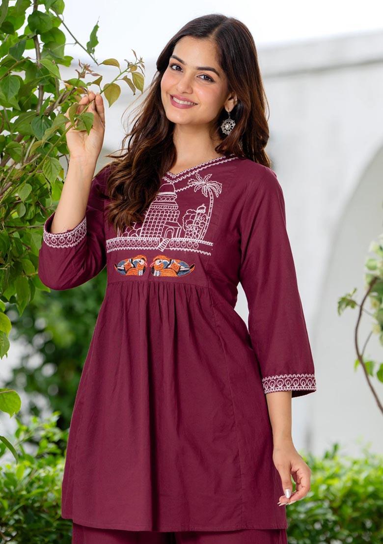 Maroon Printed Cotton Co Ord Set - Indya