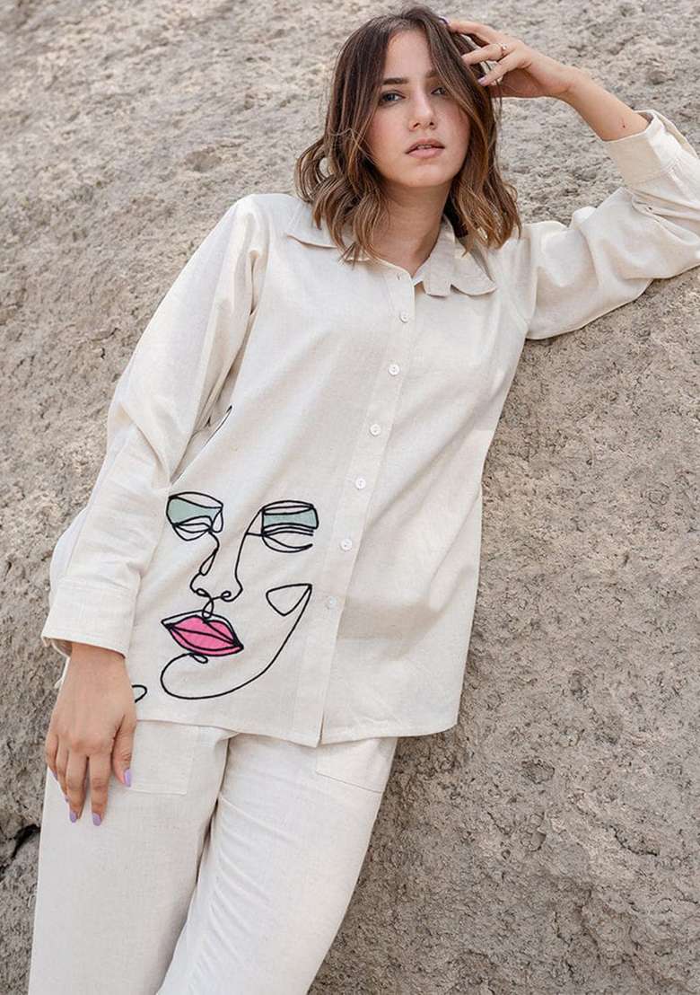 White Printed Cotton Kurta Set - Indya