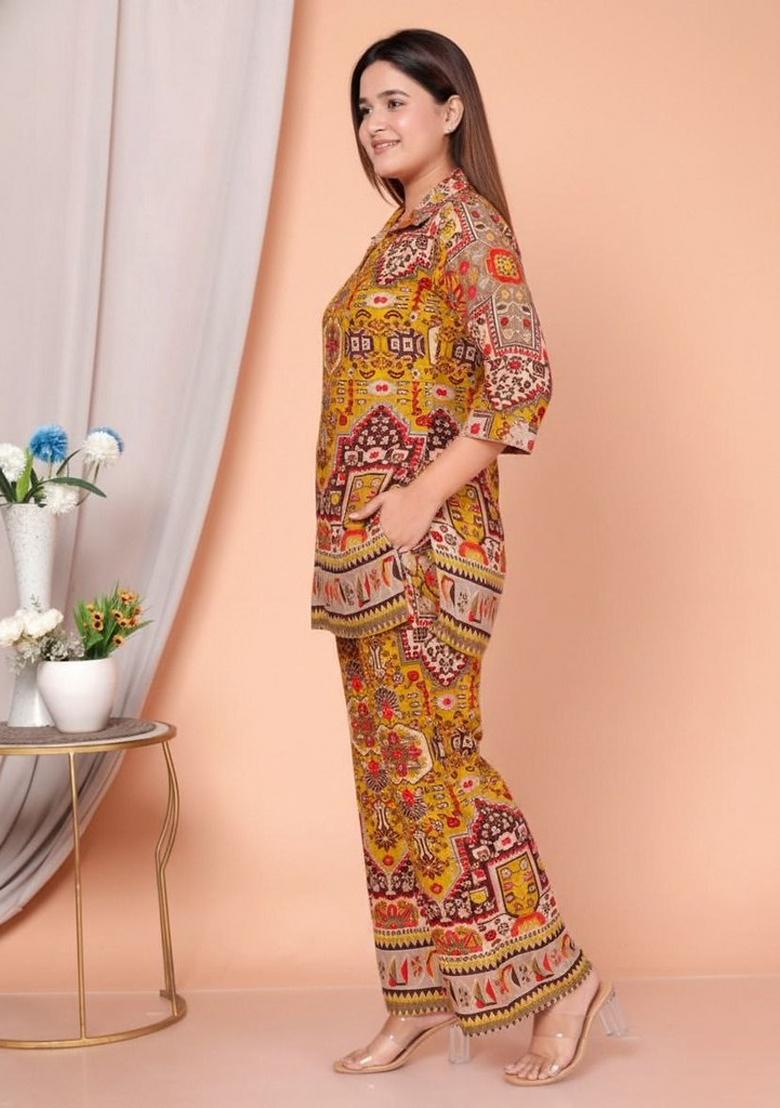 Yellow Printed Rayon Co Ord Set - Indya
