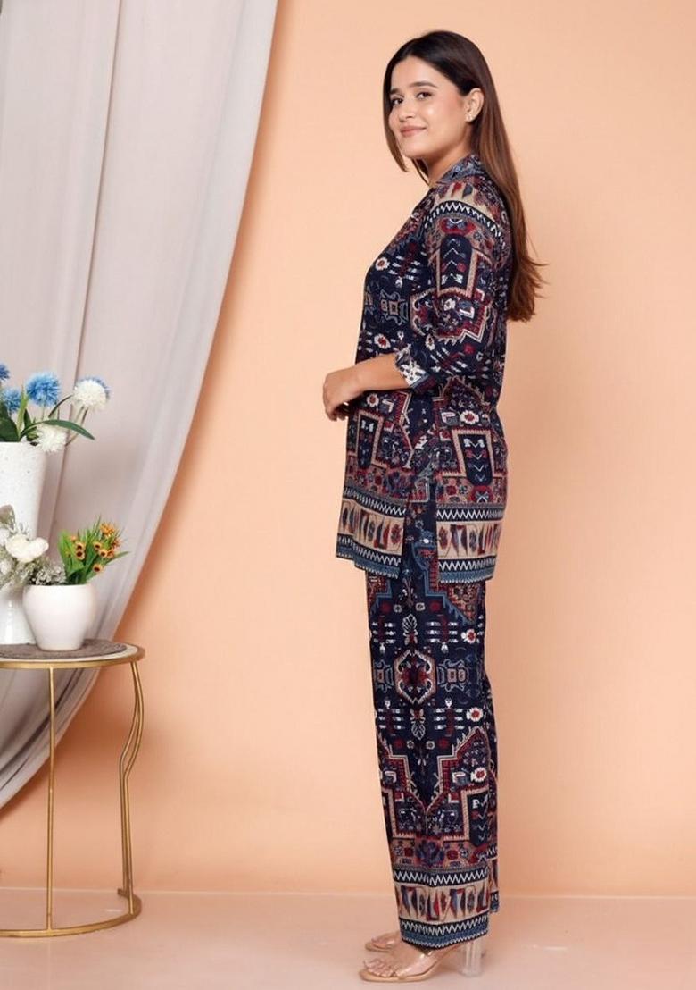 Blue Printed Rayon Co Ord Set - Indya