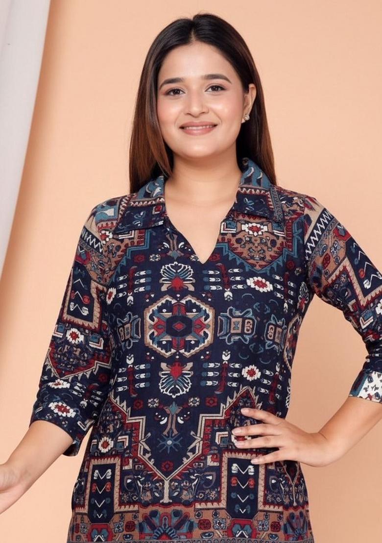 Blue Printed Rayon Co Ord Set - Indya