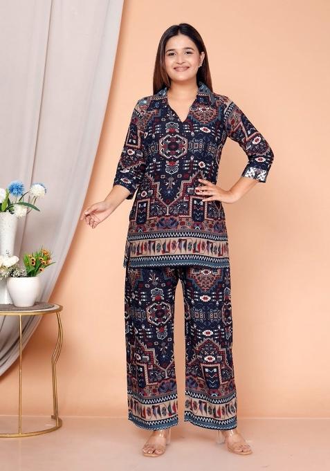 Blue Printed Rayon Co Ord Set