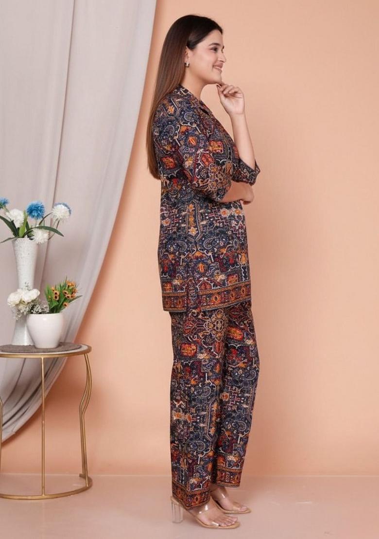 Blue Printed Rayon Co Ord Set - Indya
