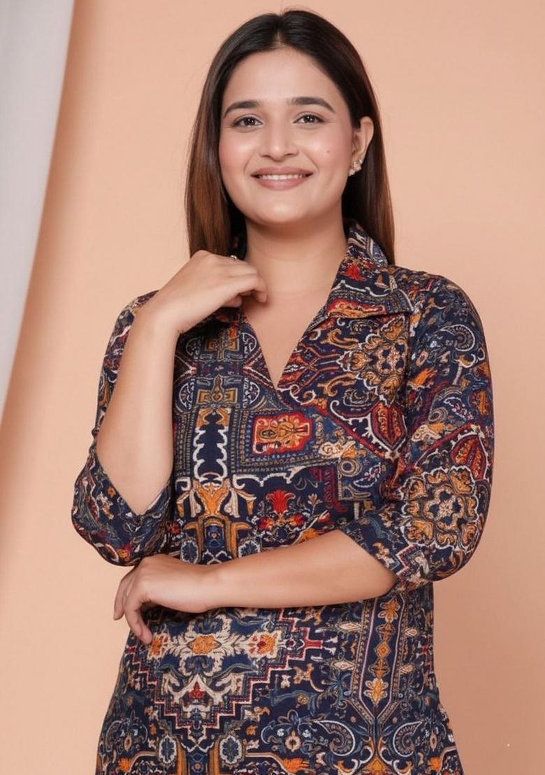 Blue Printed Rayon Co Ord Set - Indya