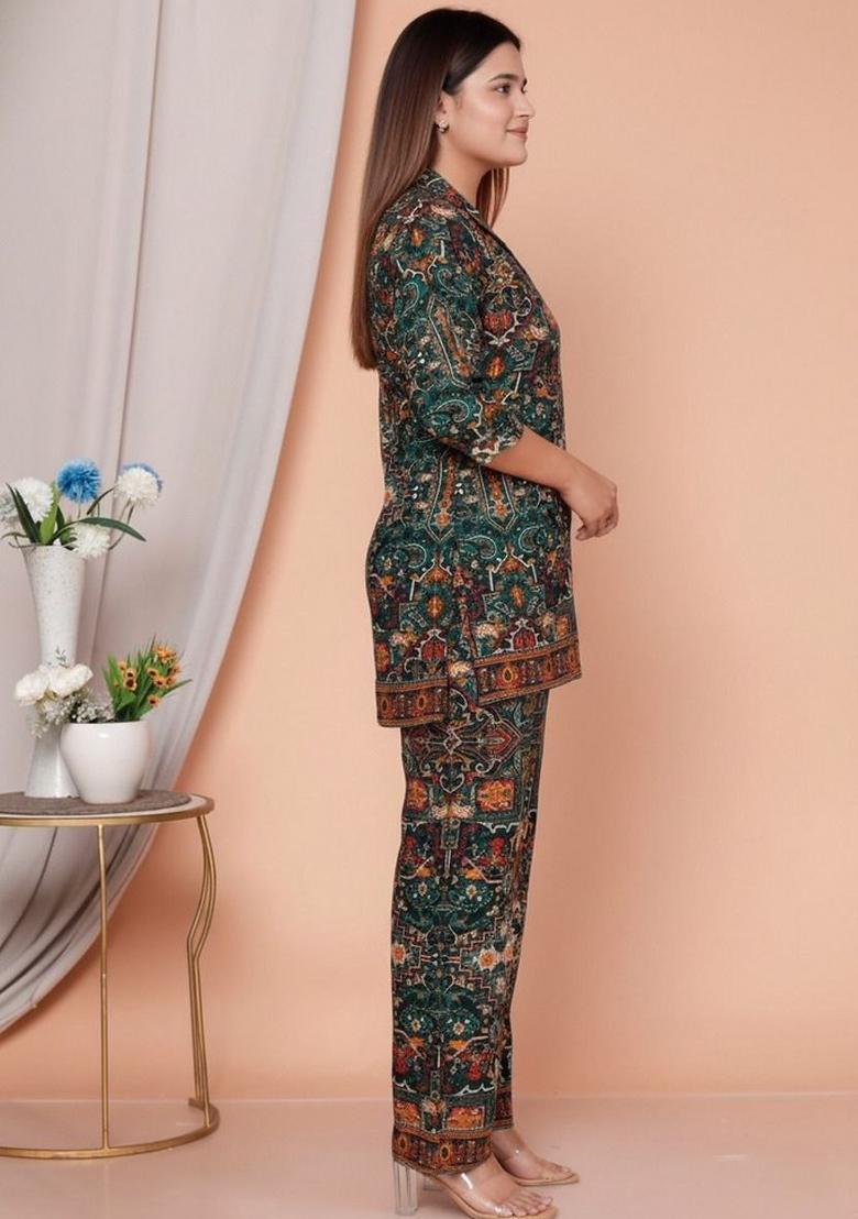 Green Printed Rayon Co Ord Set - Indya
