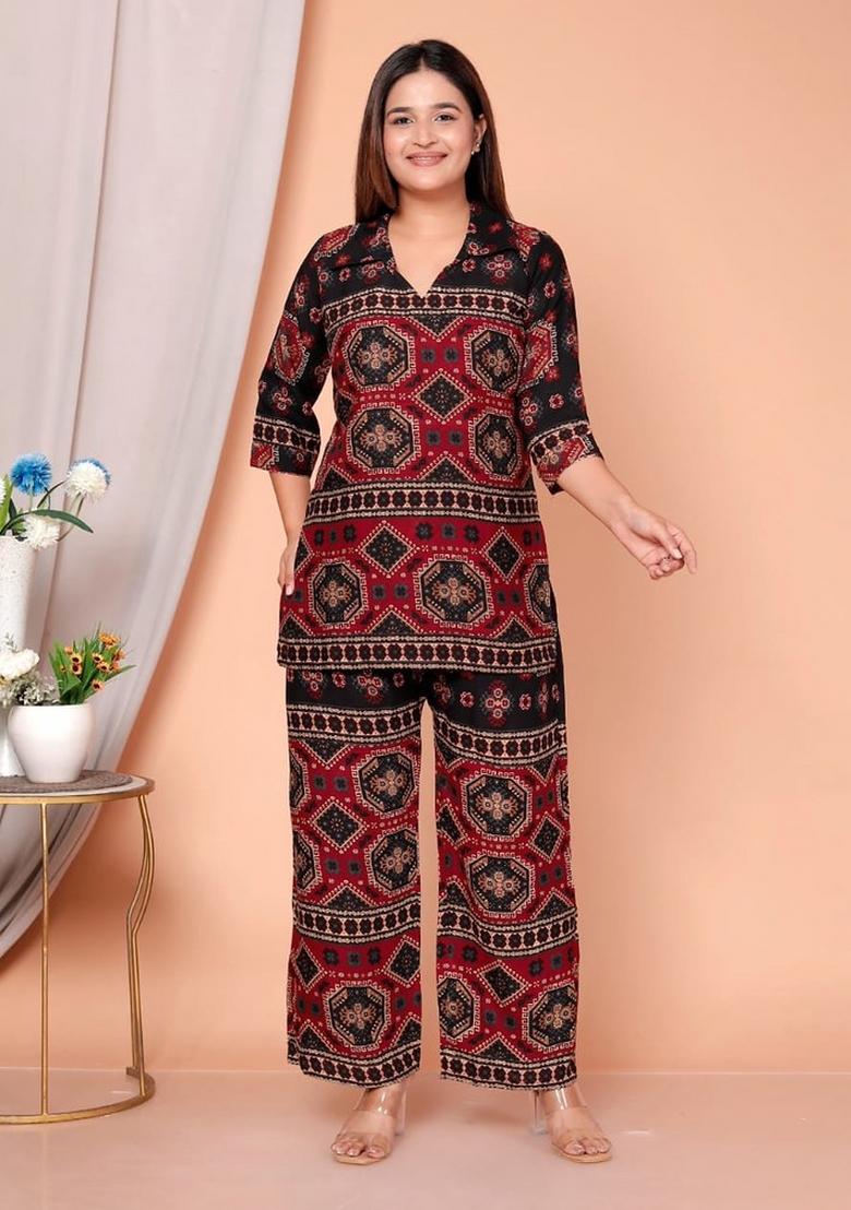 Maroon Printed Rayon Co Ord Set - Indya