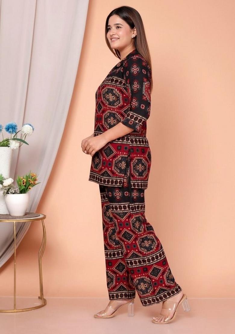 Maroon Printed Rayon Co Ord Set - Indya