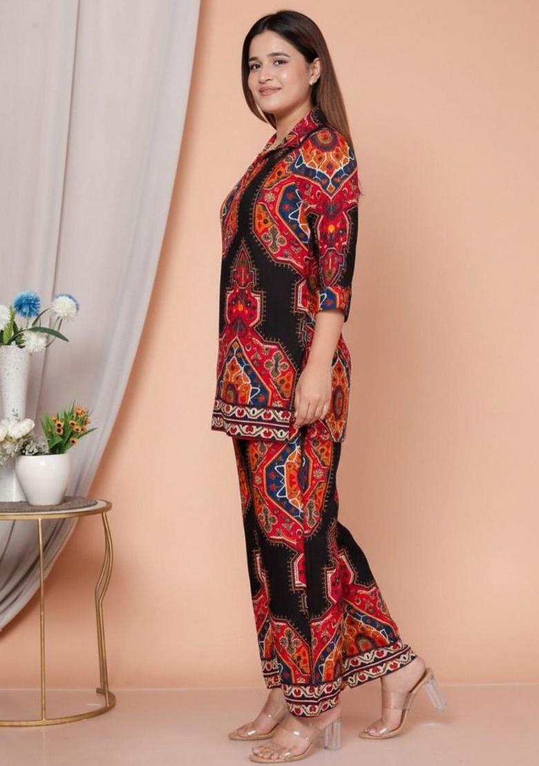 Red Black Printed Rayon Co Ord Set - Indya