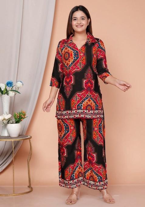 Red Black Printed Rayon Co Ord Set