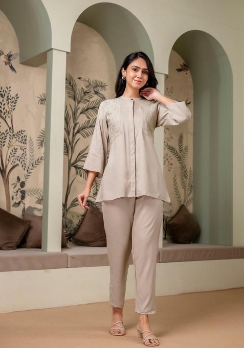 Beige Printed Rayon Co-Ords Set