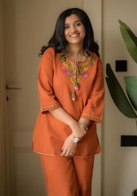 Orange Embroidery Cotton Co Ord Set