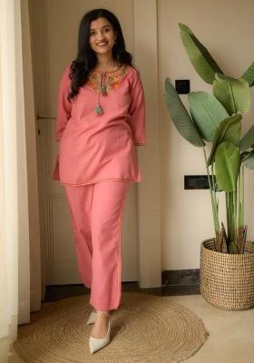 Pink Embroidery Cotton Co Ord Set