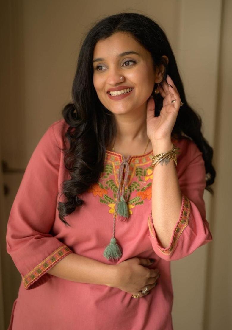 Pink Embroidery Cotton Co Ord Set - Indya