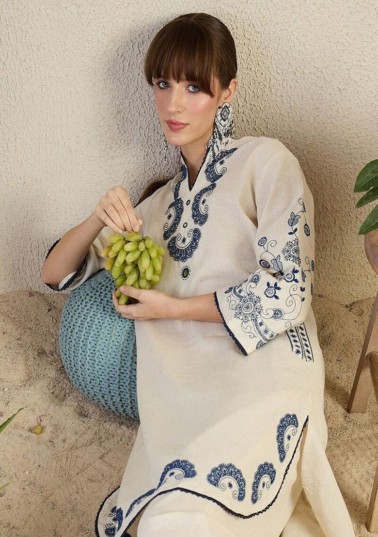 White Embroidery Cotton Co Ord Set - Indya