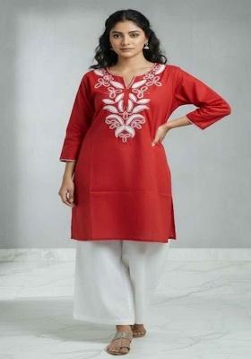 Red Embroidery Cotton Co Ord Set