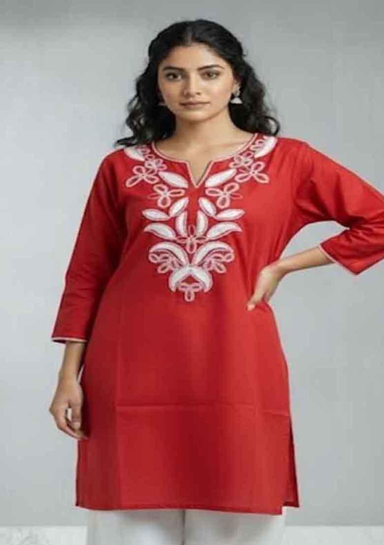 Red Embroidery Cotton Co Ord Set - Indya