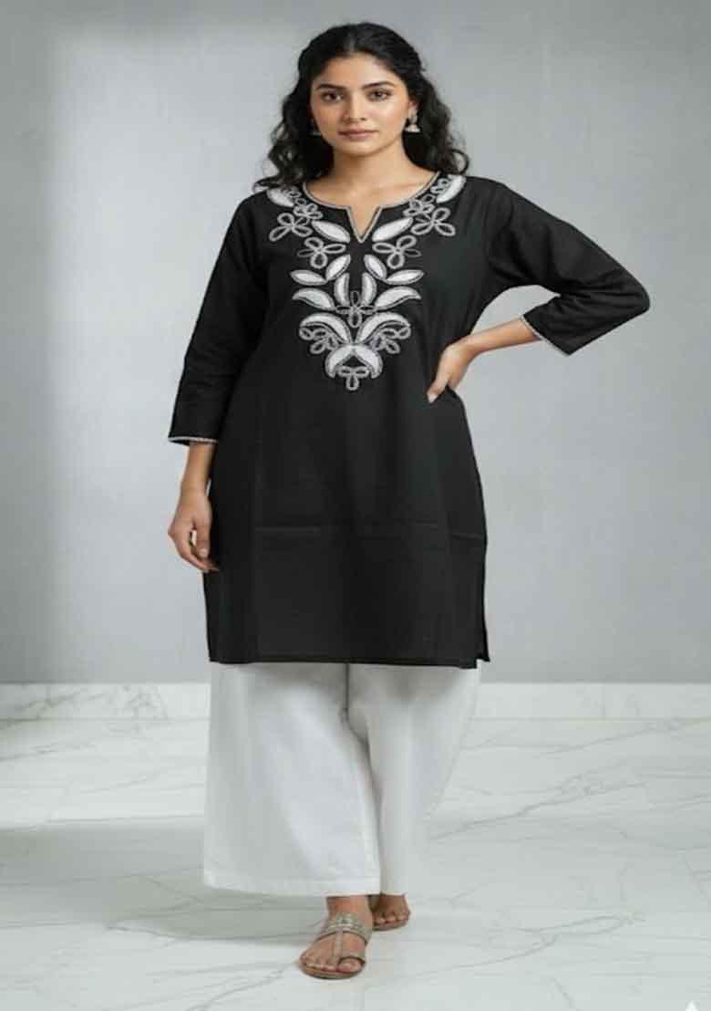 Black Embroidery Cotton Co Ord Set - Indya