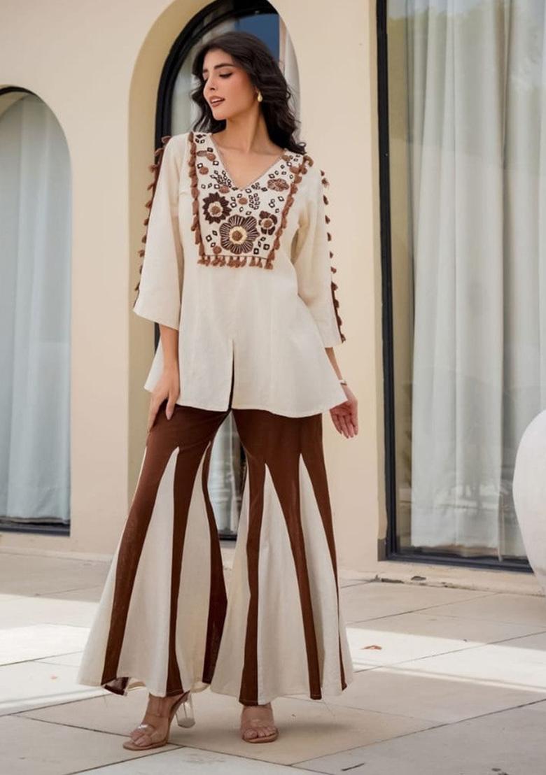White Embroidery Cotton Co Ord Set - Indya