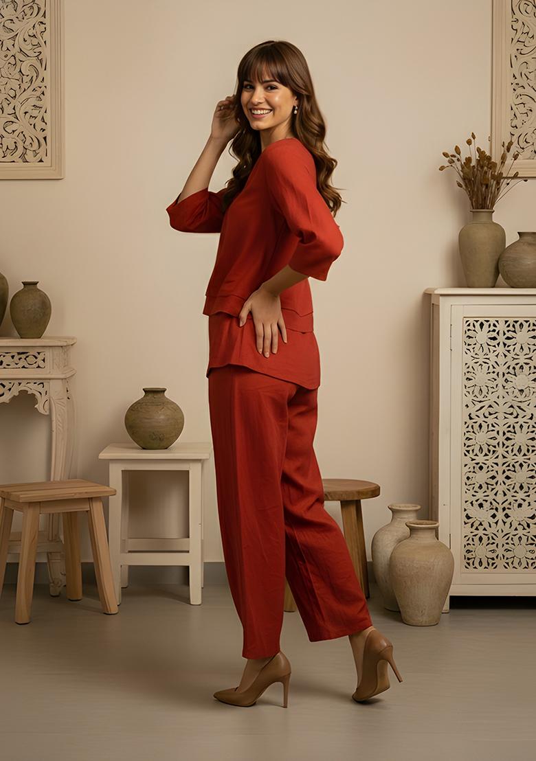 Rust Orange Solid Cotton Co-Ord Set - Indya