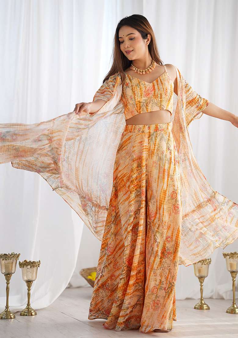 Orange Printed Georgette Co-Ord Set - Indya