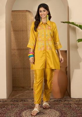 Mustard Embroidery Silk Co Ord Set
