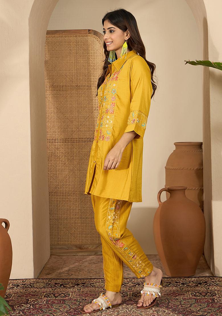 Mustard Embroidery Silk Co Ord Set - Indya