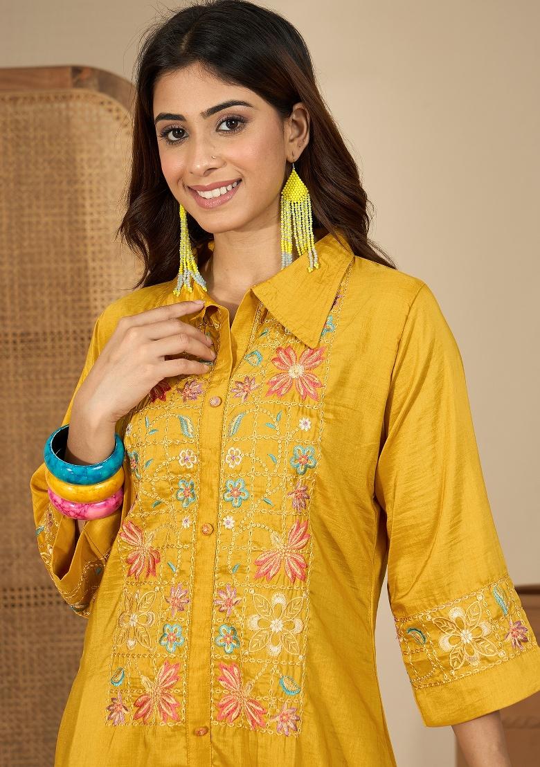 Mustard Embroidery Silk Co Ord Set - Indya