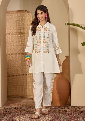 Off White Embroidery Silk Co Ord Set