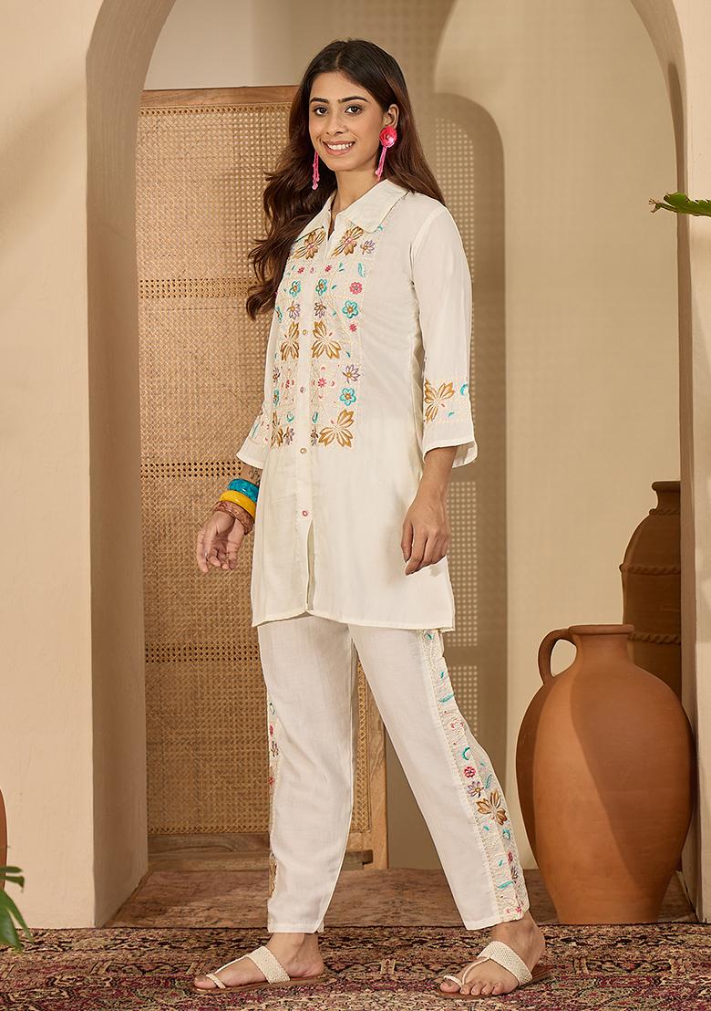 Off White Embroidery Silk Co Ord Set - Indya