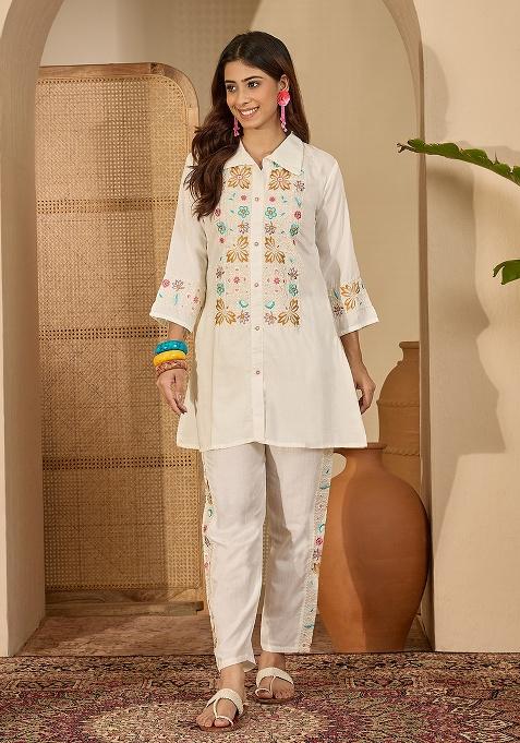 Off White Embroidery Silk Co Ord Set