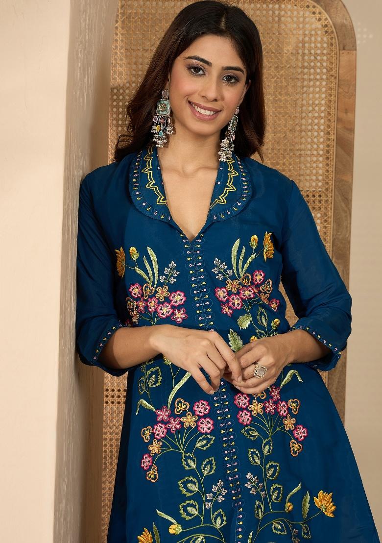 Blue Embroidery Silk Co Ord Set - Indya