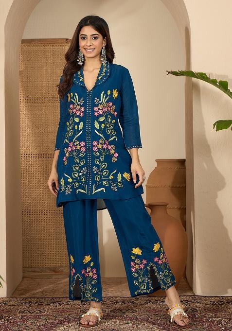 Blue Embroidery Silk Co Ord Set
