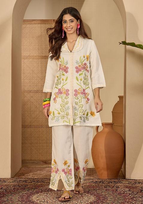 Cream Embroidery Silk Co Ord Set