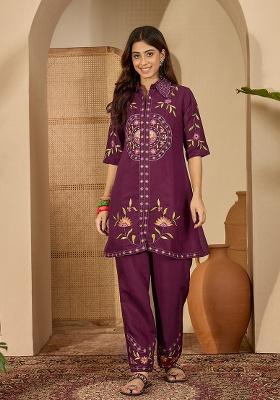 Purple Embroidery Silk Co Ord Set