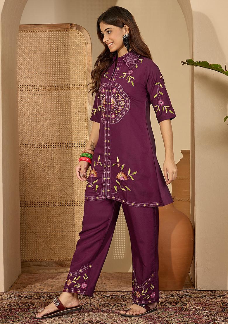 Purple Embroidery Silk Co Ord Set - Indya